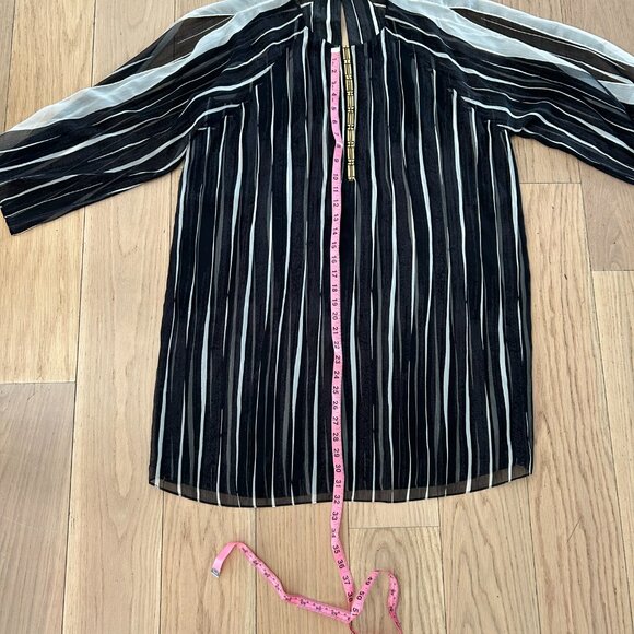 Halston Heritage Black Stripe Mini Dress, Crinkle Chiffon, Gold Detail, Sz. XL - Picture 9 of 11